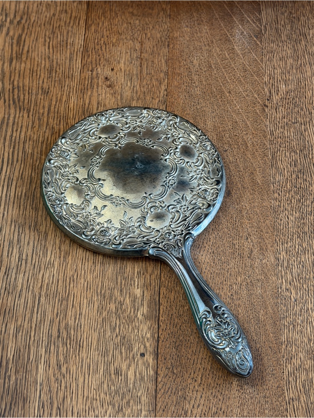 Vintage Silver-Tone Embossed Hand Mirror